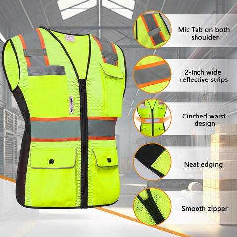 Kickass Hi Vis Safety Vest For Women Snag Free Mesh With Loud Reflective Tape Zip Closure with pockets and cinched waist.