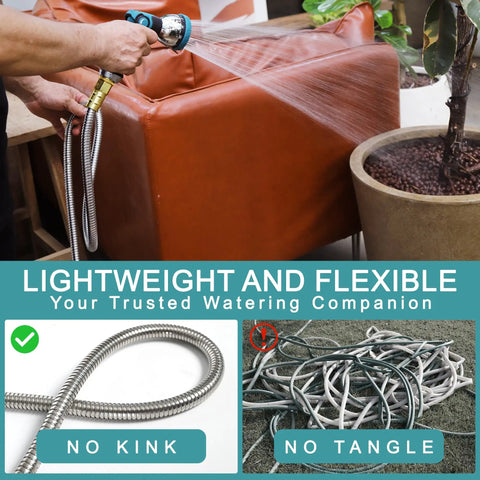 Using Stainless Steel Garden Hose 100ft With Ten-Mode Spray Nozzle No-Kink Lightweight Puncture-Resistant on patio furniture