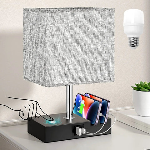 Touch Lamp With USB C And USB A Ports, 3 Level Brightness, 3 Way Dimmable Bedside Table Lamp With 2 Phone Slots, Bulb Included