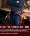 Person wearing 2 Pouch Pro Fastener Bag With 9 Pockets And Tool Holders, All Leather Construction, on tool belt in workshop.