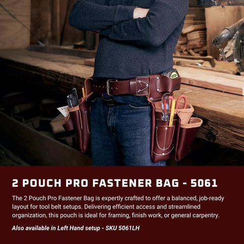 Person wearing 2 Pouch Pro Fastener Bag With 9 Pockets And Tool Holders, All Leather Construction, on tool belt in workshop.