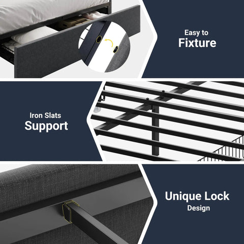 Full Size Platform Storage Bed Frame With Three Smooth Rolling Drawer Pulls Upholstered In Dark Grey Linen Fabric Over Heavy Duty Metal Supports showcasing iron slats support and unique lock design.