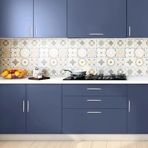 Modern kitchen with blue cabinets and 30 Pack Brushed Nickel Five Bar Curved Cabinet Pulls Arch Handles For Kitchen Cabinets.
