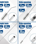 Needle Nozzle Kit For High Pressure Cleaning With Stainless Flush Wand Extension Tips And Quick Connect 1 To 2 GPM Quarter Inch Grime Busting For Tight Spots Great For Washing Machines AC Coils Water Heaters Auto Detailing Appliance Cleaning, showing 2mm and 4mm diameter stainless steel extension tips with straight and side openings.