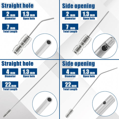 Needle Nozzle Kit For High Pressure Cleaning With Stainless Flush Wand Extension Tips And Quick Connect 1 To 2 GPM Quarter Inch Grime Busting For Tight Spots Great For Washing Machines AC Coils Water Heaters Auto Detailing Appliance Cleaning, showing 2mm and 4mm diameter stainless steel extension tips with straight and side openings.