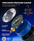 Precision pressure gauge for HVAC, featuring a shock-resistant core and impact-resistant rubber casing, part of Top Shelf 4 Cfm Ac Vacuum Pump.