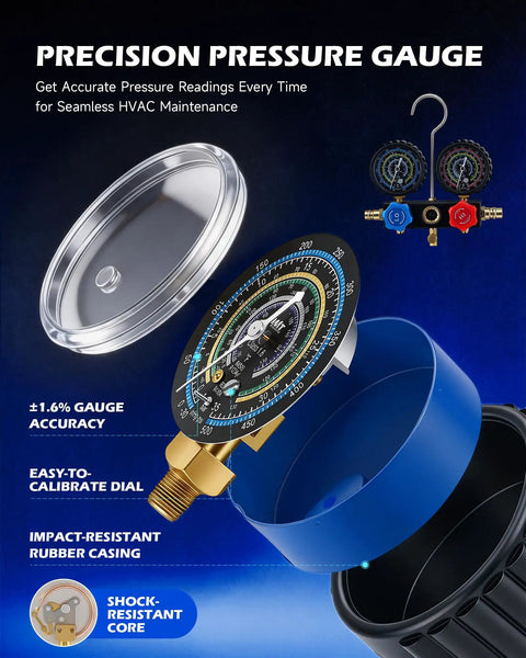 Precision pressure gauge for HVAC, featuring a shock-resistant core and impact-resistant rubber casing, part of Top Shelf 4 Cfm Ac Vacuum Pump.