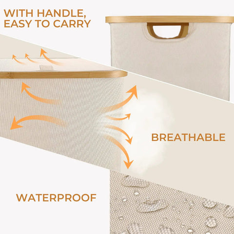 Big 100L Laundry Basket With Lid Heavy Duty Collapsible Hamper Built With Bamboo Frame And Oxford Fabric close-up of handle, breathable and waterproof fabric features