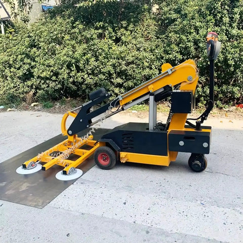 Built Tough Electric Vacuum Suction Lifter Cart With Pro Level Robotic Grips For Zero Drama Glass Install And No Sweat Marble Steel Handling On Heavy Duty Job Sites, positioned on a flat surface, lifting a large glass panel.