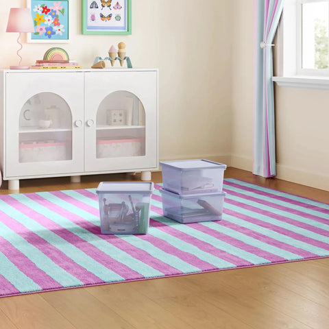 Purple 18 Gallon Plastic Storage Bin With Snug Snap Lid, Hella Spacious Stackable Tote For Seasonal Threads, Holiday Gear, And Dorm Room Stashing, Quick Wipe Down Space Saving Crate arranged on striped rug.