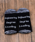 Funny Engineering Socks Gift For Him Two Pair Set Mid Calf Unisex Size 4-13 Ideal Graduation Gift For Engineering Students And Future Engineers Who Love Geeky Clever College Memes, black socks with 'Engineering Degree Loading' text