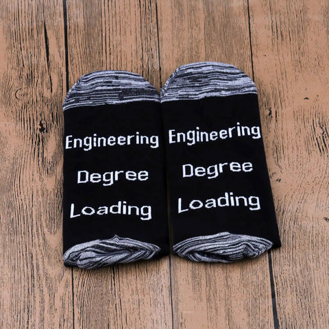 Funny Engineering Socks Gift For Him Two Pair Set Mid Calf Unisex Size 4-13 Ideal Graduation Gift For Engineering Students And Future Engineers Who Love Geeky Clever College Memes, black socks with 'Engineering Degree Loading' text