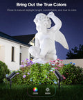 Two Pack Ultra Bright 30W Outdoor LED Spotlight Set, 120V, 3000 Lumens Each, 5000K Daylight, illuminating a garden statue.