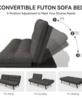 Convertible Futon Sofa Bed In Grey Linen With Detachable Cushions, Adjustable Backrest And Armrest in 3 positions