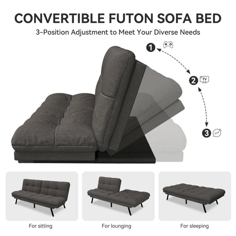 Convertible Futon Sofa Bed In Grey Linen With Detachable Cushions, Adjustable Backrest And Armrest in 3 positions