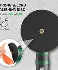 Detailed view of Cordless Car Buffer Polisher with strong velcro backing and 6-inch polishing disc for secure attachment.