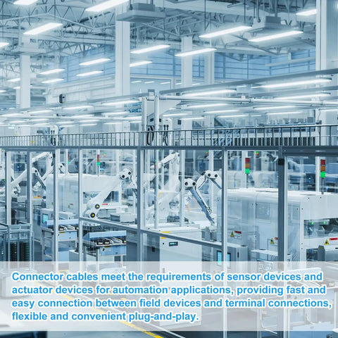 Industrial automation setup showcasing robotics connected with M12 Female Straight 5 Pin Aviation Socket Connector With 5m Black Electrical Cable.