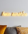 Lit Hello Sunshine Neon Yellow LED Sign Wall Light With 24 Inch Neon Flex Featuring 229 Yellow LEDs on living room wall