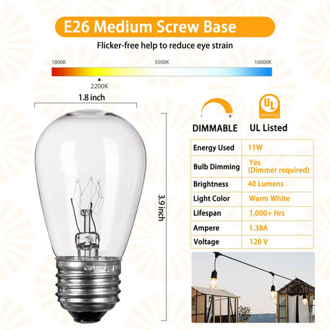 Vintage Clear Glass Edison Bulbs With Warm Filament 11W E26 Base 2200K Warm White Style Replacement Bulbs For Outdoor Patio String Lights Waterproof And Rust Resistant 20 Pack diagram