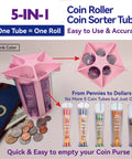 Pink Coin Roller Tube Set for Quick and Accurate Change Counting with Included Wrappers, showing coins and organizer tubes.
