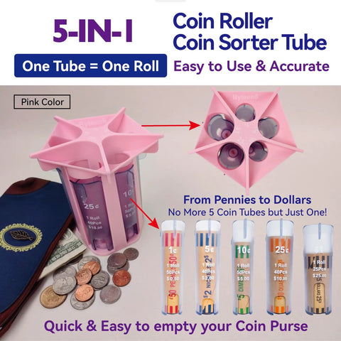 Pink Coin Roller Tube Set for Quick and Accurate Change Counting with Included Wrappers, showing coins and organizer tubes.