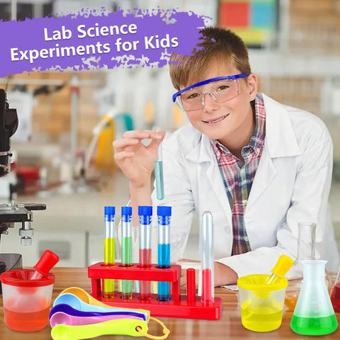 Boy using Hands On Science Lab Kit For Kids 24 Piece Educational Experiment Set With Plastic Test Tubes Droppers Caps And Tube Holder