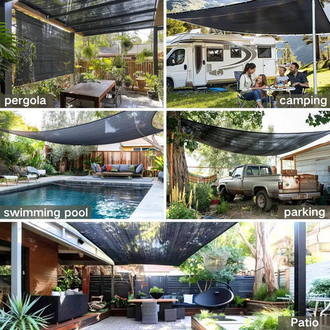 6x6.5 Ft Shade Cloth 50 Percent Sun Blocking Mesh With Grommets installed over various outdoor spaces including pergola and patio.