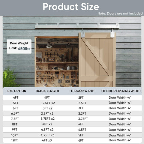 6 Foot Box Rail Barn Door Hardware Kit Heavy Duty Silver Sliding Track System on wall with barn door and chart