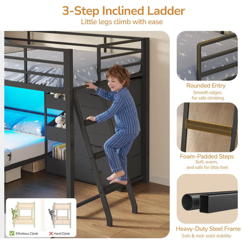 Child climbing inclined ladder of Twin Over Twin Bunk Bed With Four Storage Drawers Three Toy Bins And LED Lights, Metal Frame.