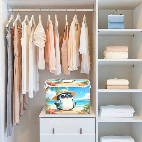 Heavy Duty Foldable Storage Bin With Secure Lid And Easy Grab Handles For Bedroom Closet Organizers, Collapsible Toy Box displayed in a closet.
