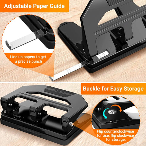 Heavy Duty 3 Hole Puncher With 40 Sheet Capacity, 50 Percent Less Effort Lever, Built In Paper Guide, Large Tray, Metal Construction