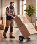 Man using Heavy Duty Folding Hand Truck Workhorse With Aluminum Dolly Cart, Handles Up To 600 Lbs, in warehouse setting