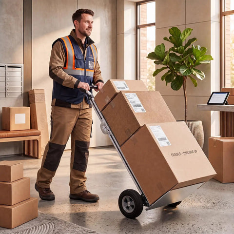 Man using Heavy Duty Folding Hand Truck Workhorse With Aluminum Dolly Cart, Handles Up To 600 Lbs, in warehouse setting