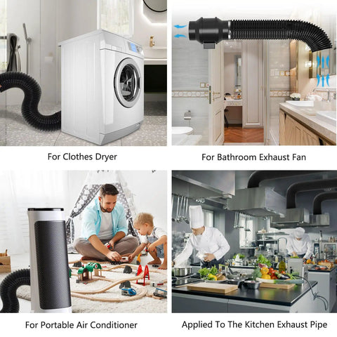 Collage of Flexible 4 Inch Dryer Vent Hose 8 Feet Long DIY Friendly Aluminum Foil Ducting With PVC Layer used in various settings.