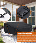 Rugged All Weather Porch Swing Cover Waterproof Outdoor Hanging Swing Protector For 63x28x(32-24)Inch Black Oxford Fabric TearResistant Patio Furniture Cover with drawstring and buckle design in use.
