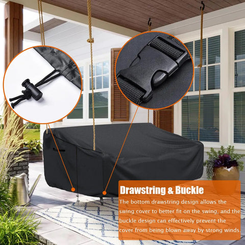 Rugged All Weather Porch Swing Cover Waterproof Outdoor Hanging Swing Protector For 63x28x(32-24)Inch Black Oxford Fabric TearResistant Patio Furniture Cover with drawstring and buckle design in use.