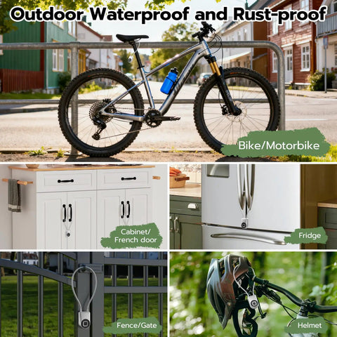 Tough As Nails Fingerprint Fridge Lock With Extra Long 15 Inch Cable fits French Door, securing fridge with steel cable.