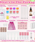 All Inclusive Lip Gloss Making Kit For Beginners With DIY Lip Gloss Set Includes 140G Base Empty Tubes Pigment Powders Jojoba Oil Glitter Powder Tools And Manual Eight Color Options For Moisturizing Handmade Lip Glaze package contents.