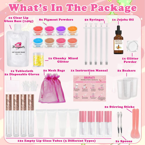 All Inclusive Lip Gloss Making Kit For Beginners With DIY Lip Gloss Set Includes 140G Base Empty Tubes Pigment Powders Jojoba Oil Glitter Powder Tools And Manual Eight Color Options For Moisturizing Handmade Lip Glaze package contents.