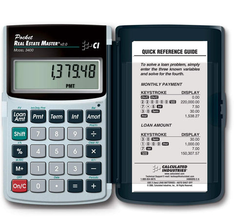 Pocket Real Estate Master Financial Calculator With Loan Amortization, Remaining Balances, and Quick Reference Guide