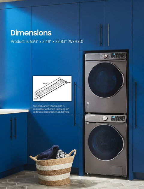 Blue laundry area with Space Saving 27 Inch Front Load Washer And Dryer Stack Kit With All Parts Included For No Fuss Setup Easy Install.
