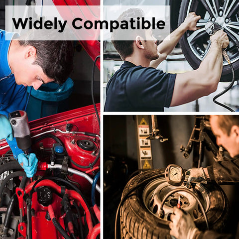 Mechanics using retractable air hose reel with 3/8 inch hybrid hose, auto rewind, and 25 feet length in various automotive tasks.