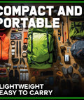 Camping gear layout with green backpack, compact and portable essentials, including tools and clothing displayed on a wooden surface
