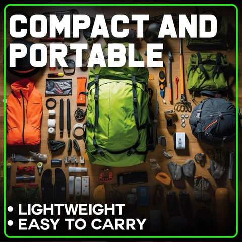 Camping gear layout with green backpack, compact and portable essentials, including tools and clothing displayed on a wooden surface