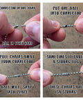 Hands assembling 24 Inch Ball Chain Necklace In T304 Stainless Steel Two Point Four Millimeter Gauge Made In The USA Rust Resistant Matte Finish Polished Look Ideal For Tag Or Pendant Durable Tag And Pendant Ready Jewelry That Will Not Rust For Everyday Wear.