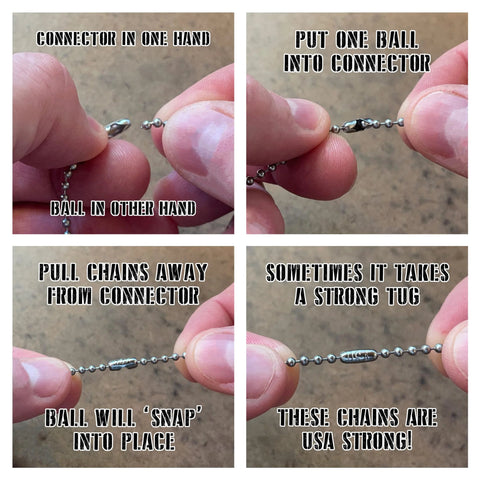 Hands assembling 24 Inch Ball Chain Necklace In T304 Stainless Steel Two Point Four Millimeter Gauge Made In The USA Rust Resistant Matte Finish Polished Look Ideal For Tag Or Pendant Durable Tag And Pendant Ready Jewelry That Will Not Rust For Everyday Wear.