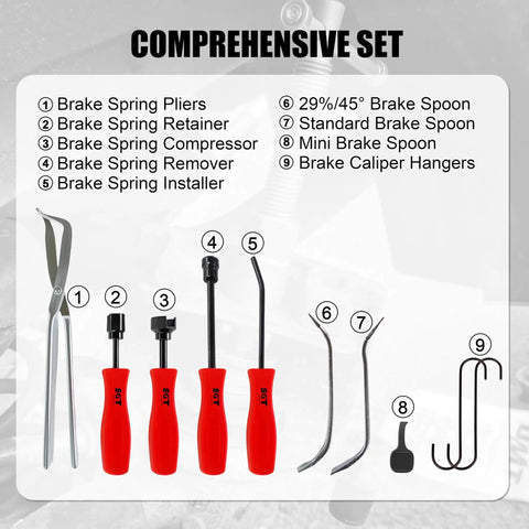 Heavy Duty Brake Tool Set 32 Pieces Caliper And Drum Tools Including Pliers Installer Remover shown with labeled components.
