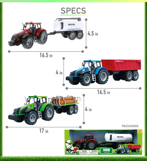 Friction Powered Farm Tractor Trailer Toy Set 16 Inch Three Pack For Kids with red water tank, blue farm trailer, and green log truck