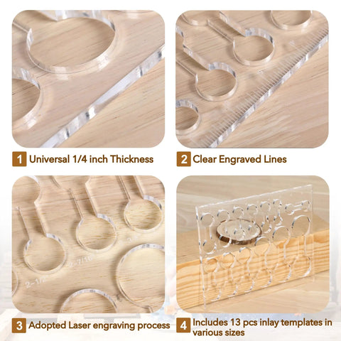 Top Shelf Acrylic Router Templates For Woodworking With 13 Piece Dog Bone And Dumbbell Inlay Jigs Laser Cut Precision Guides showing clear engraved lines and thickness.