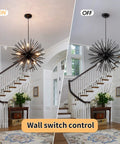 Modern Black Sputnik Chandelier 9 Light Pendant Ceiling Fixture With Starburst Firework Design in a hallway, light on and off.